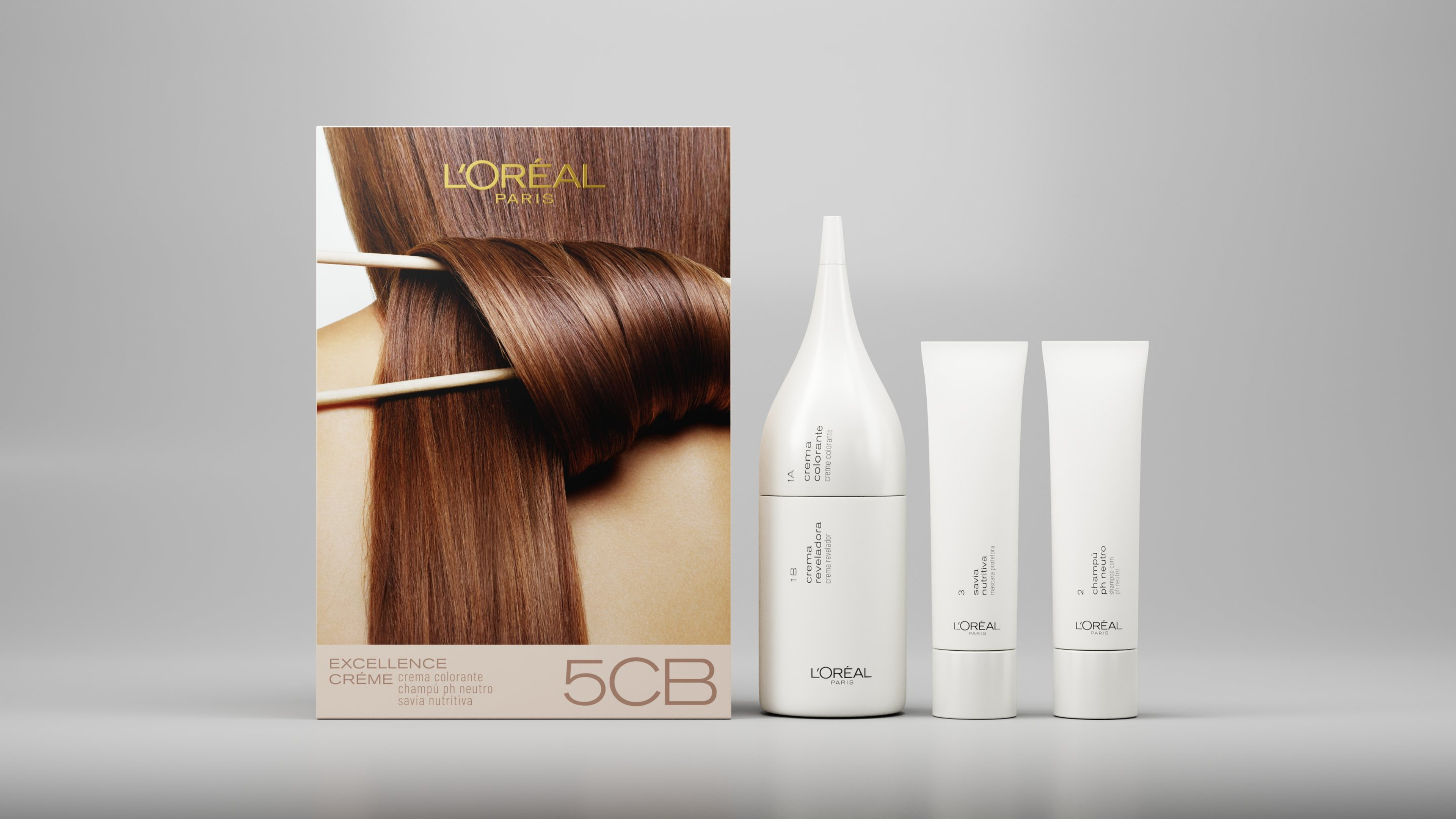 L'Oréal Paris Excellence Crème hair dye collection all shades — 3D packaging render by Miquel Nadal