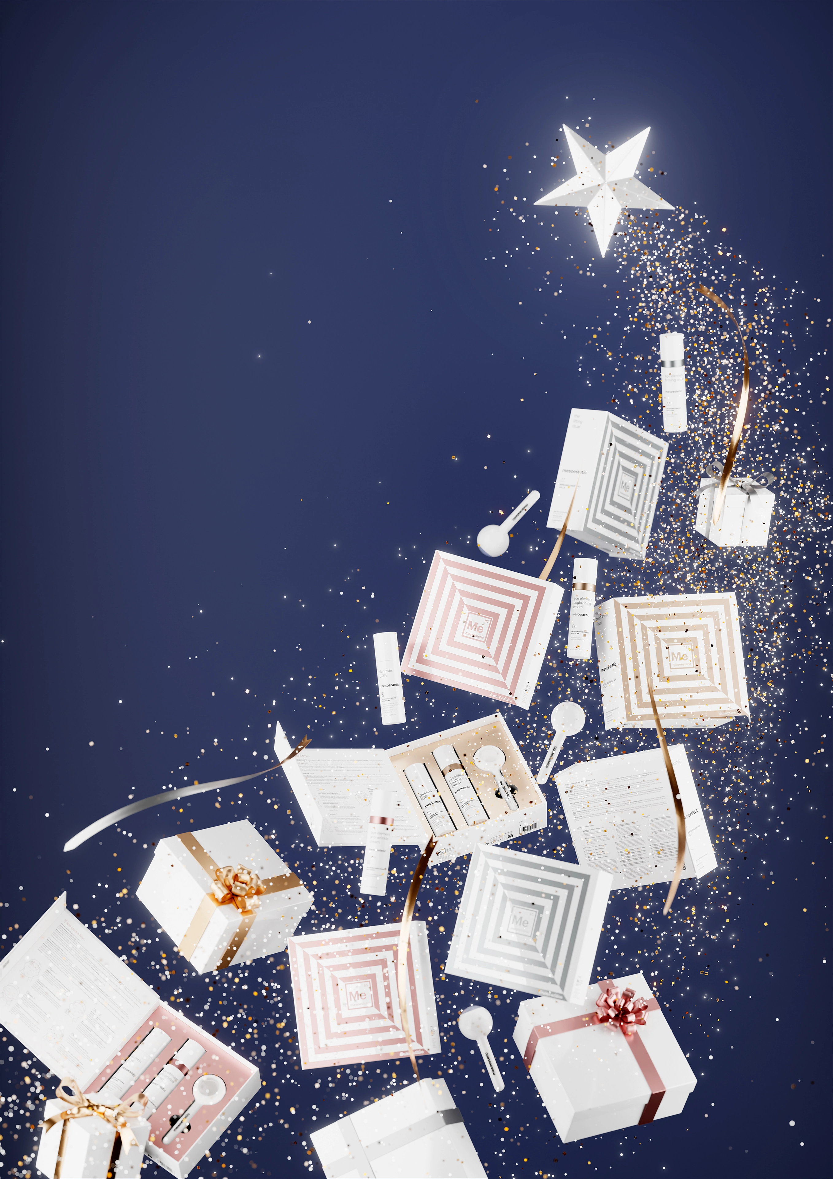 Mesoestetic Christmas skincare gift sets editorial — 3D render by Miquel Nadal