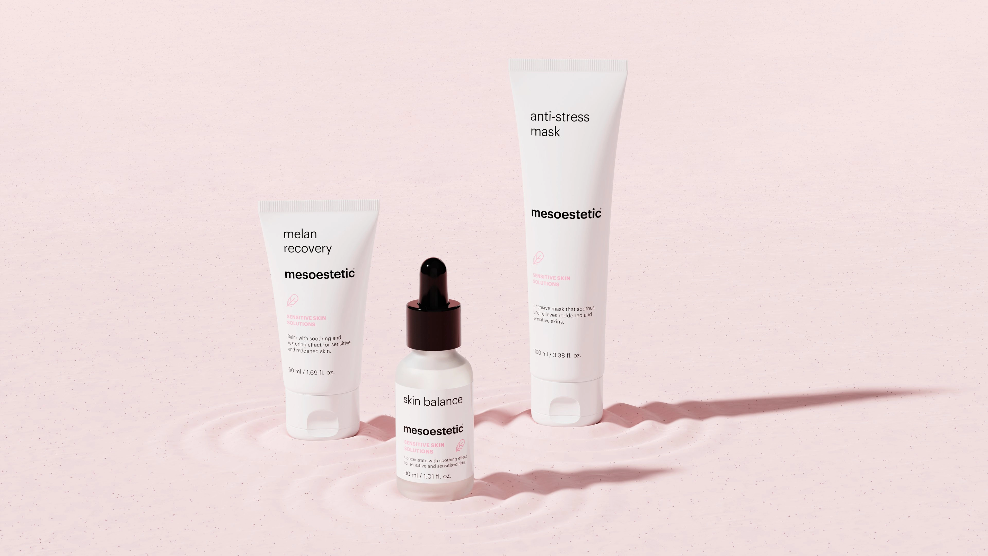 Mesoestetic sensitive skin solutions skincare collection — 3D render by Miquel Nadal