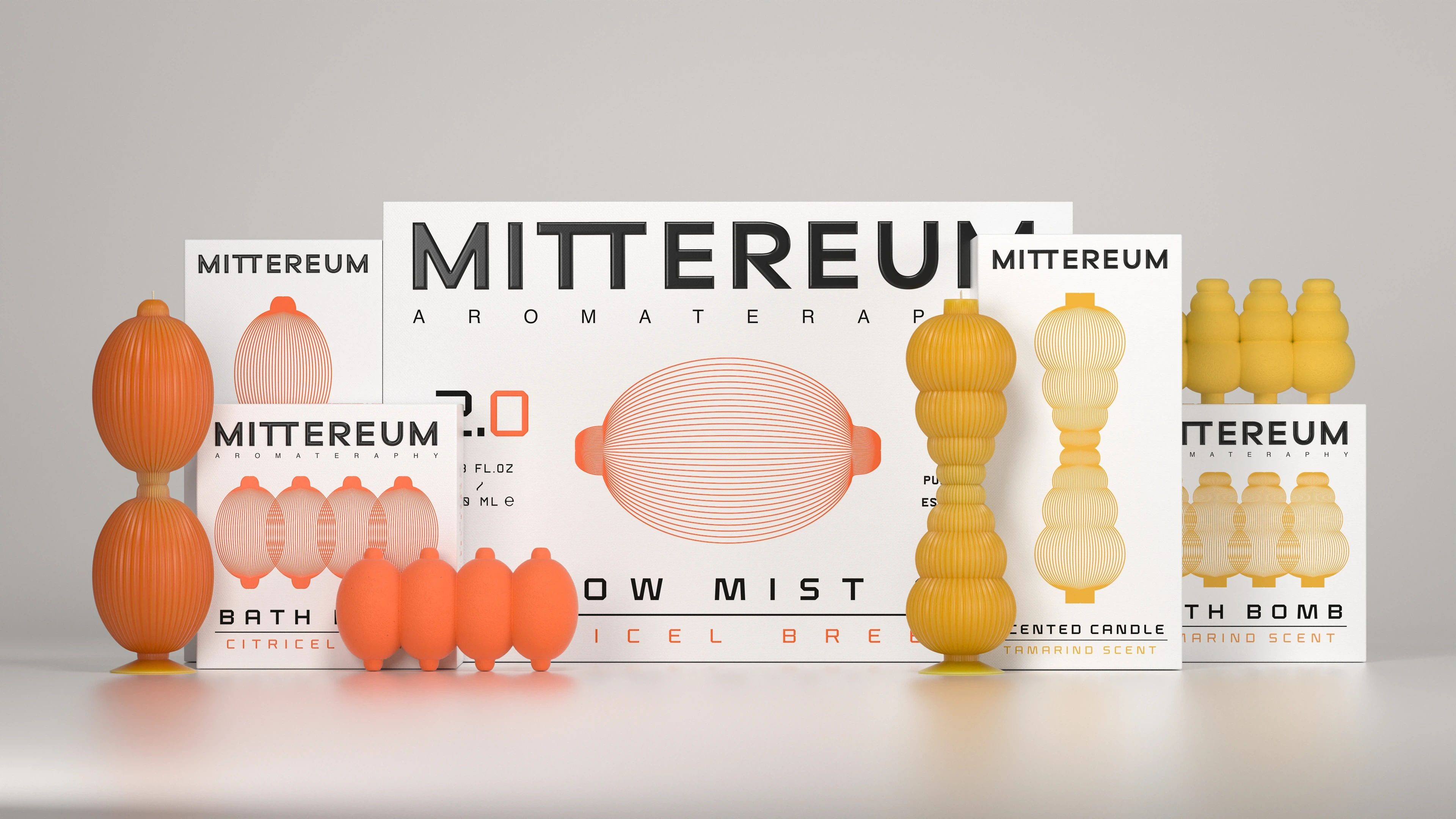 Mittereum aromatherapy 3D packaging collection — alternate view render by Miquel Nadal