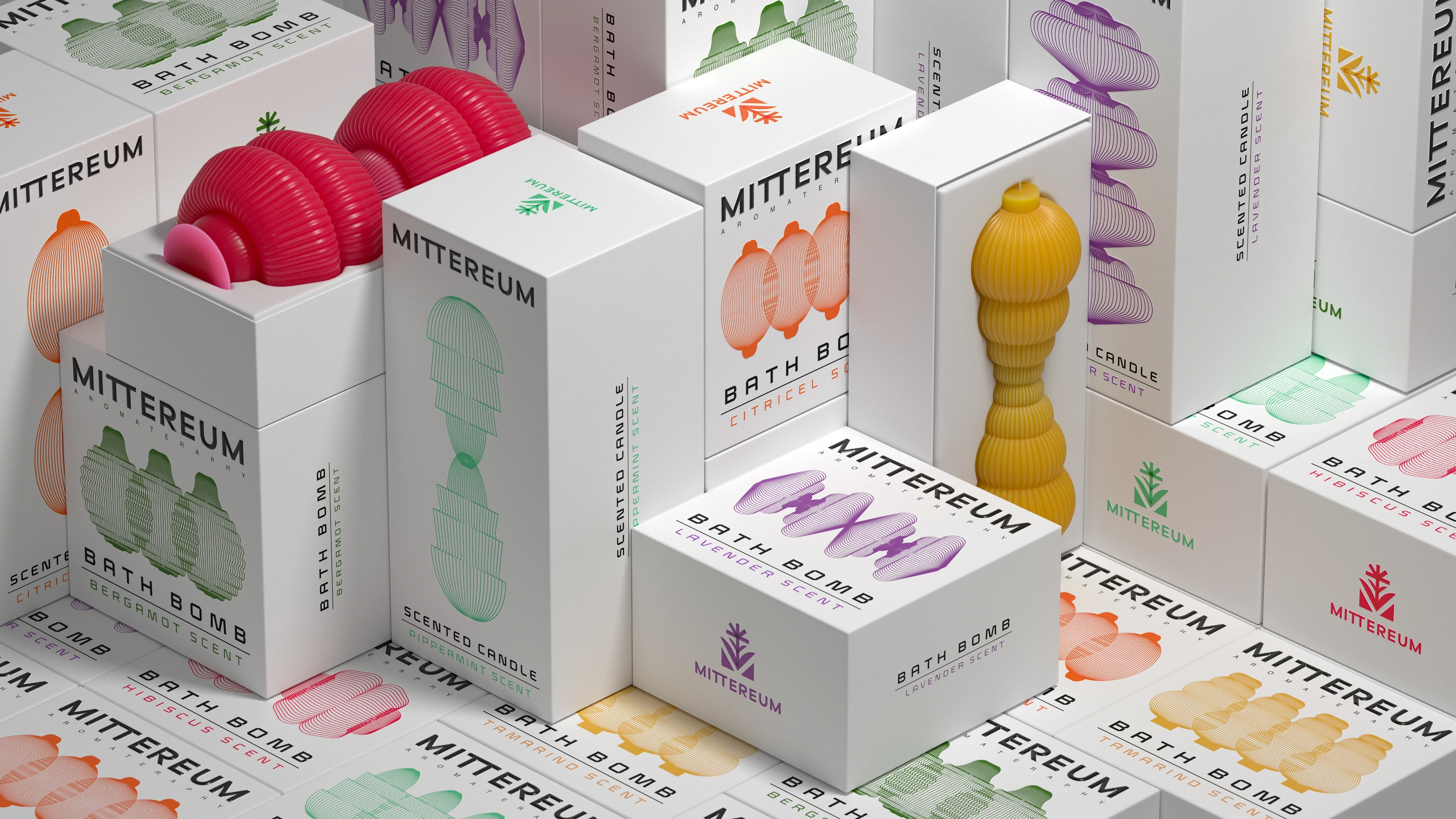 Mittereum aromatherapy hero shot — full product lineup 3D packaging render by Miquel Nadal