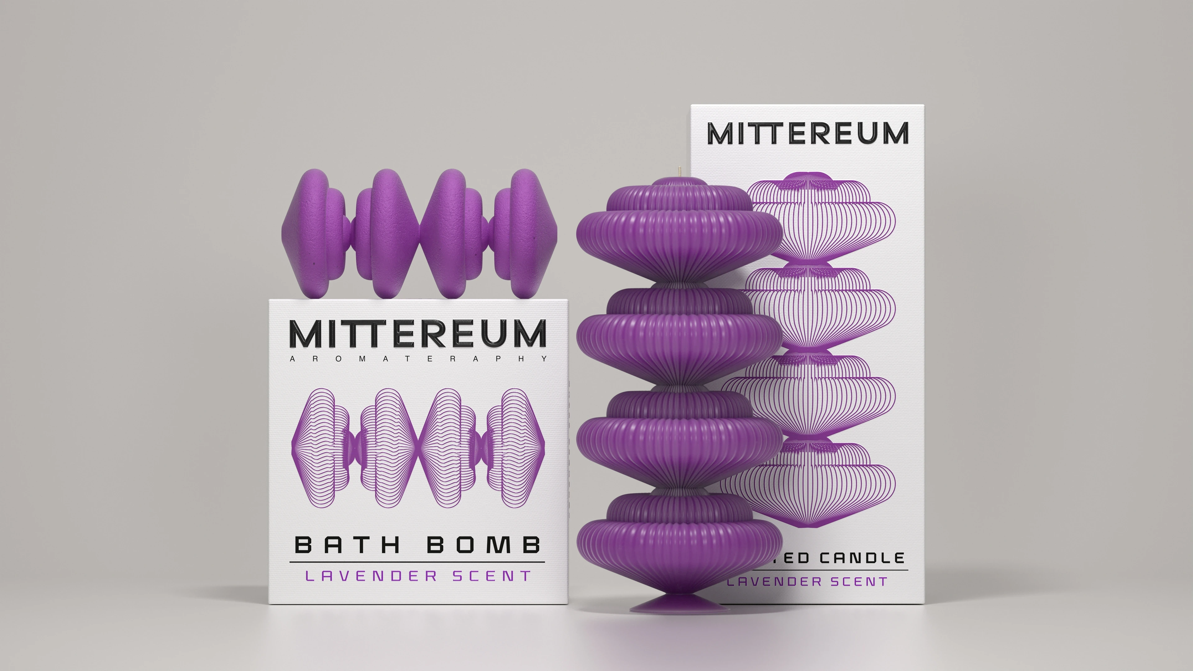 Mittereum lavender scent bath bomb and scented candle 3D packaging render