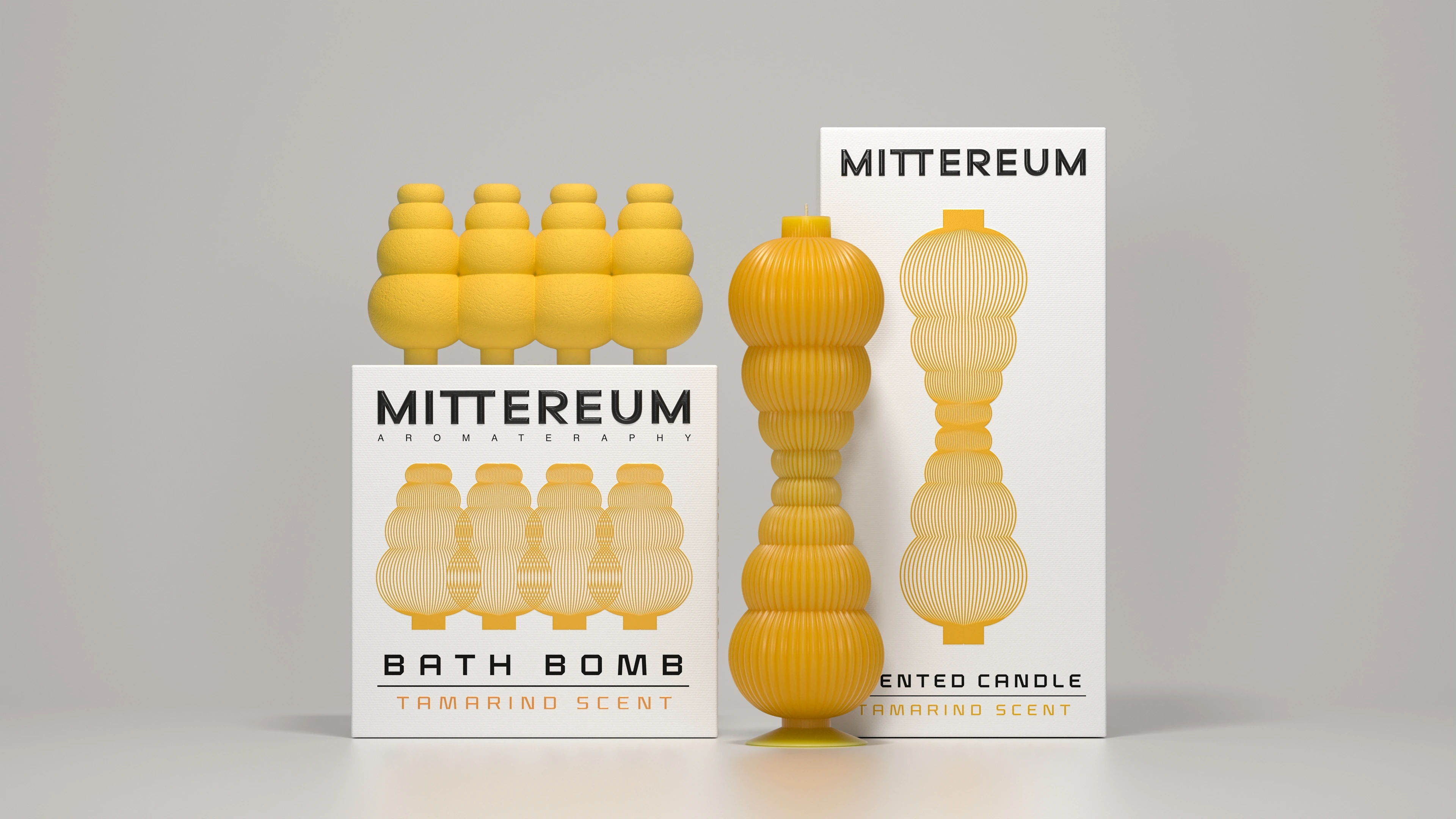 Mittereum tamarind scent bath bomb and scented candle 3D packaging render