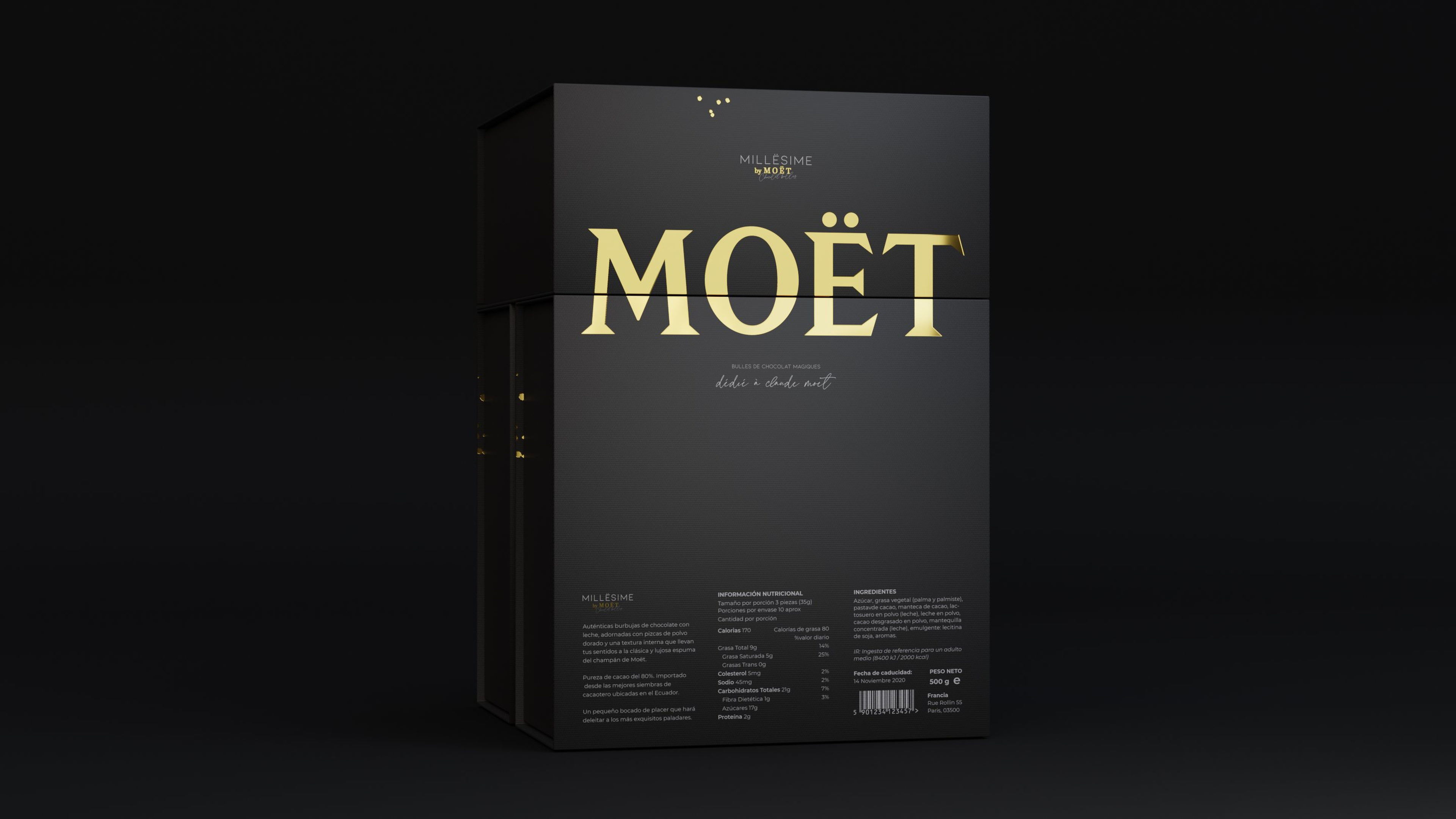 Millésime by Moët Chandon chocolate truffle black box product shot — 3D packaging render by Miquel Nadal