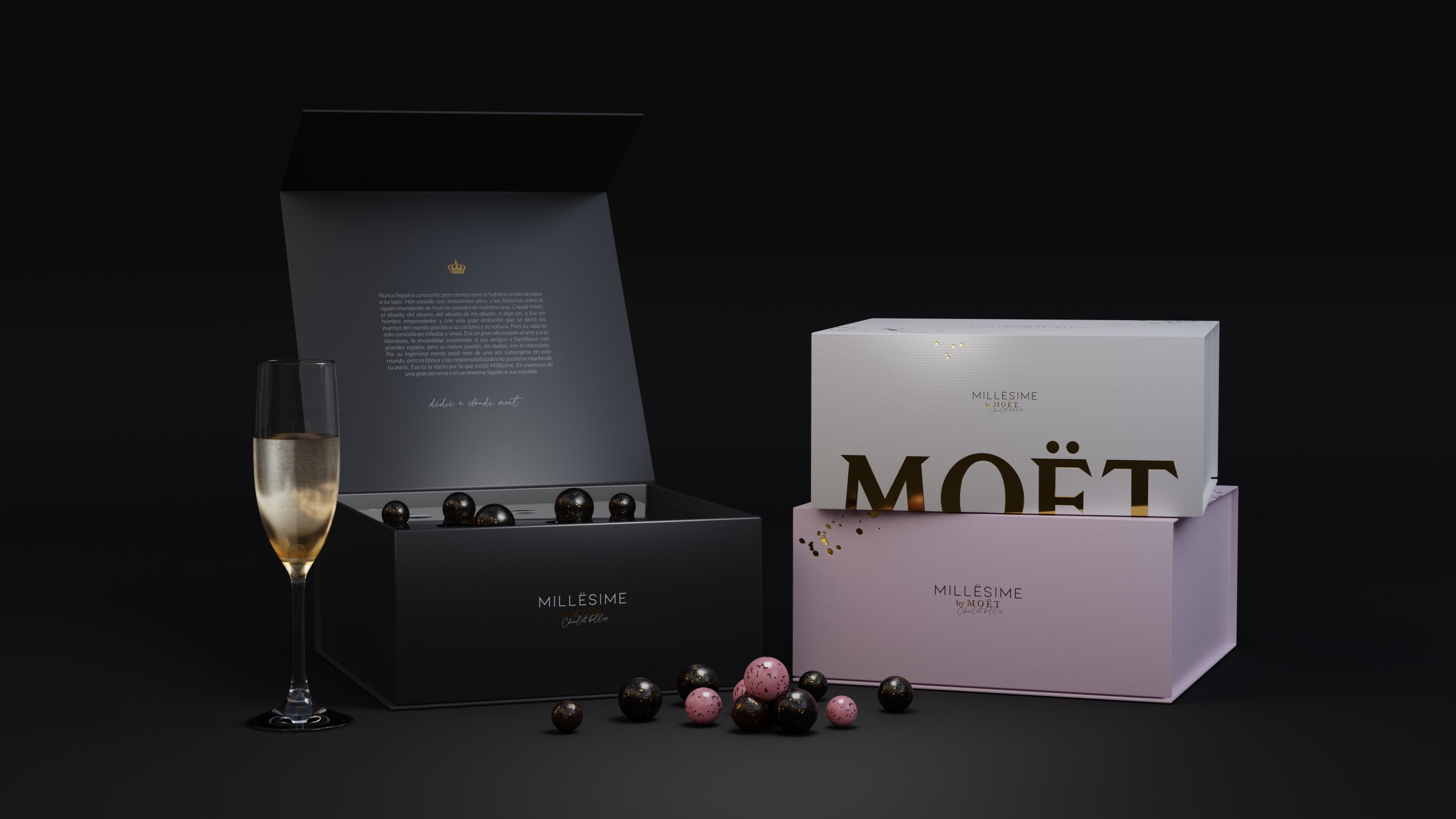 Millésime by Moët Chandon chocolate truffle luxury packaging hero shot — 3D render by Miquel Nadal