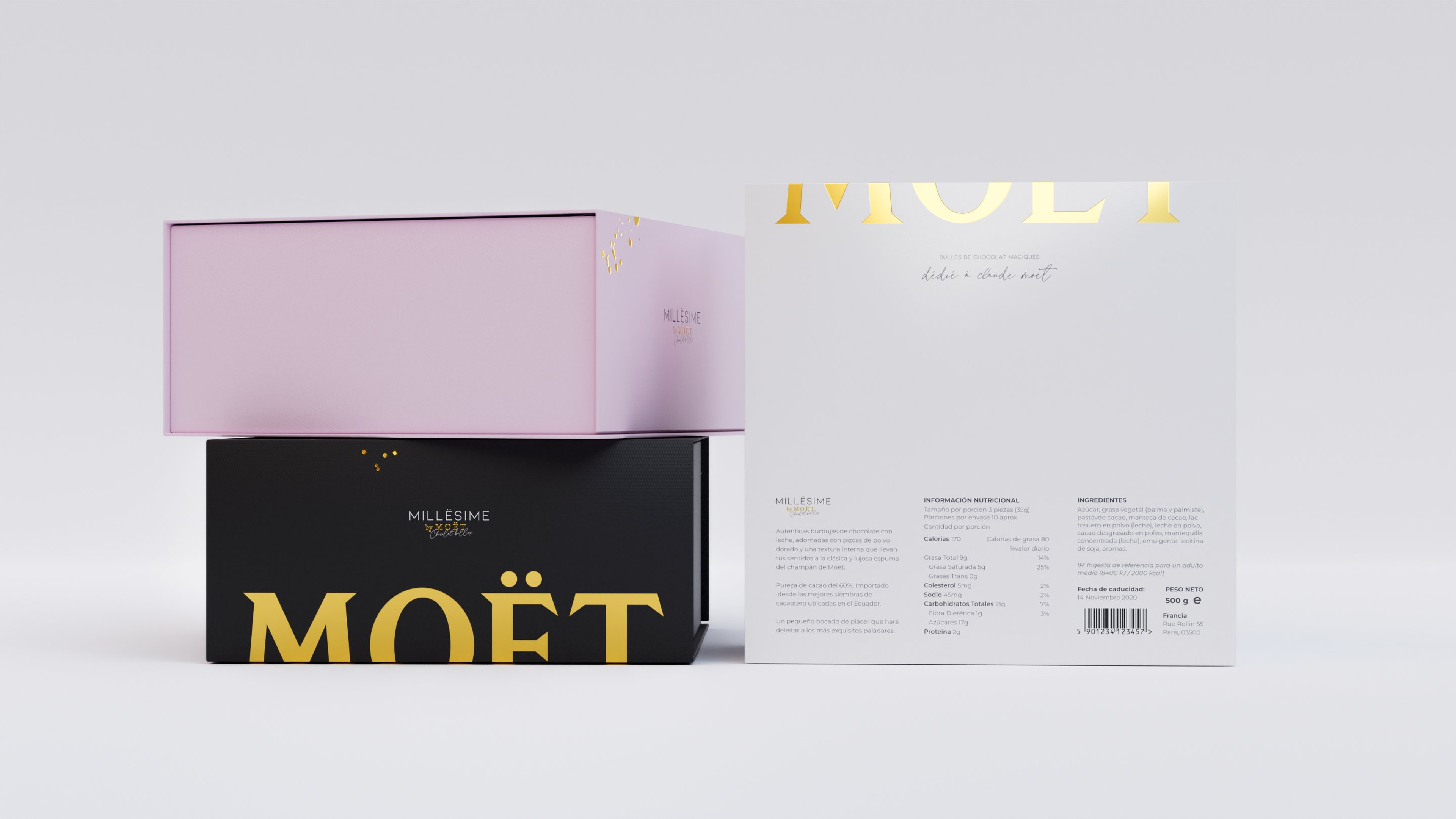 Millésime by Moët Chandon chocolate truffle pink and black box duo — 3D packaging render by Miquel Nadal