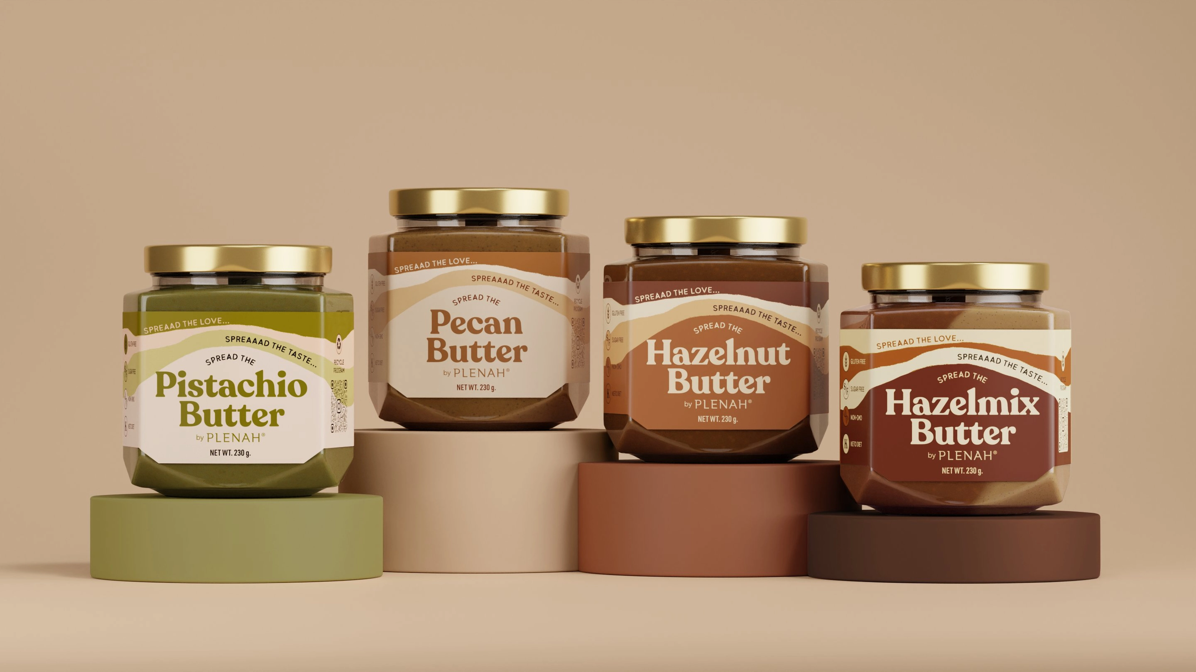 Plenah nut butter four flavours product shot on podium — 3D render by Miquel Nadal