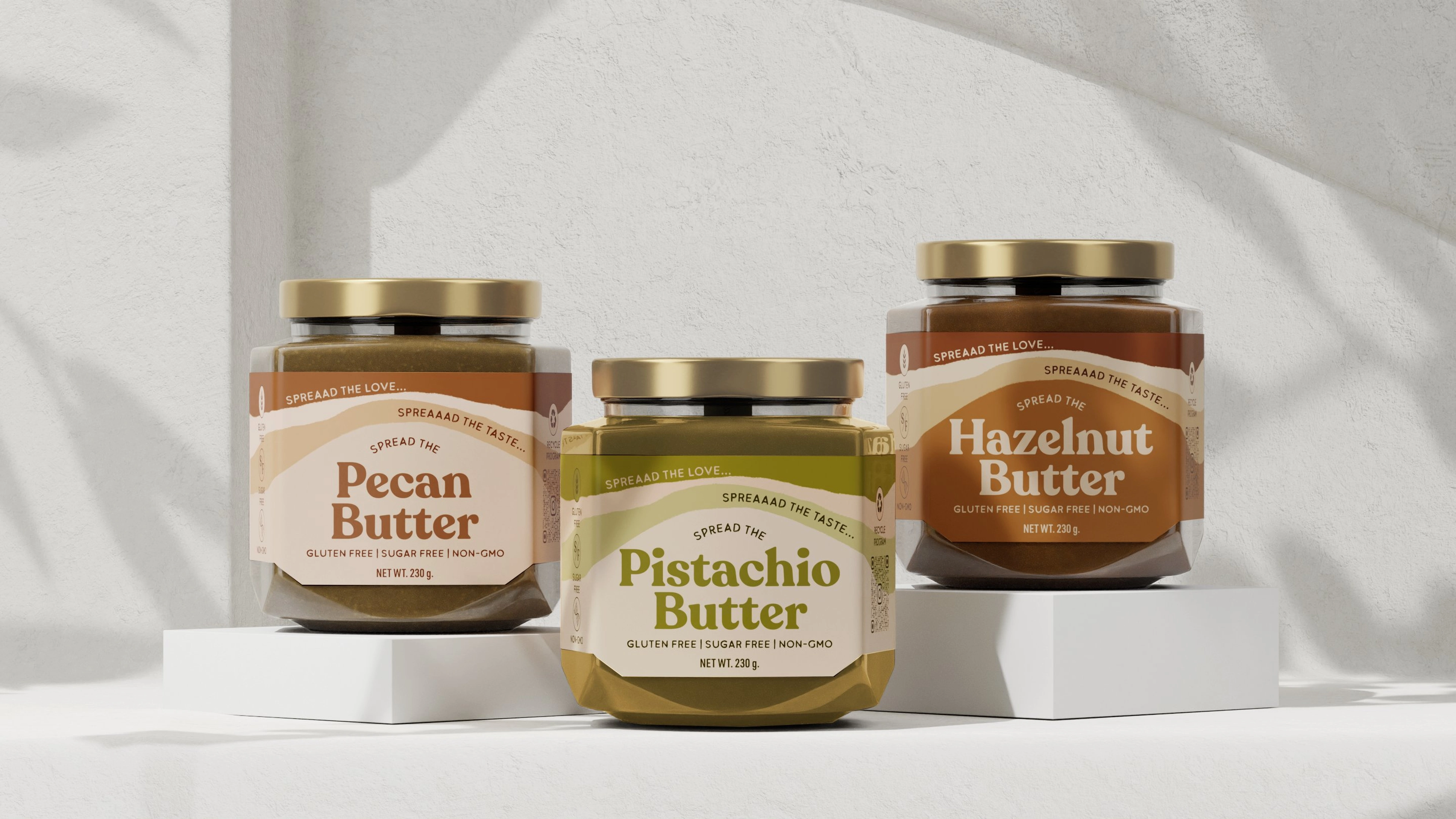 Plenah nut butter three flavours white background editorial — 3D render by Miquel Nadal