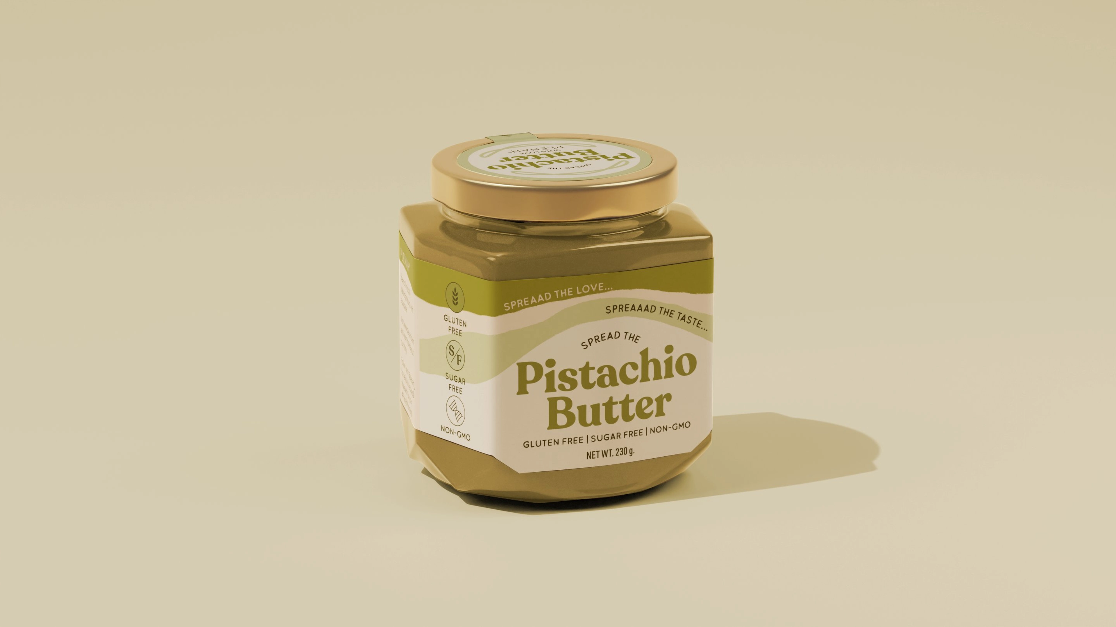Plenah Pistachio Butter single jar — 3D product render by Miquel Nadal