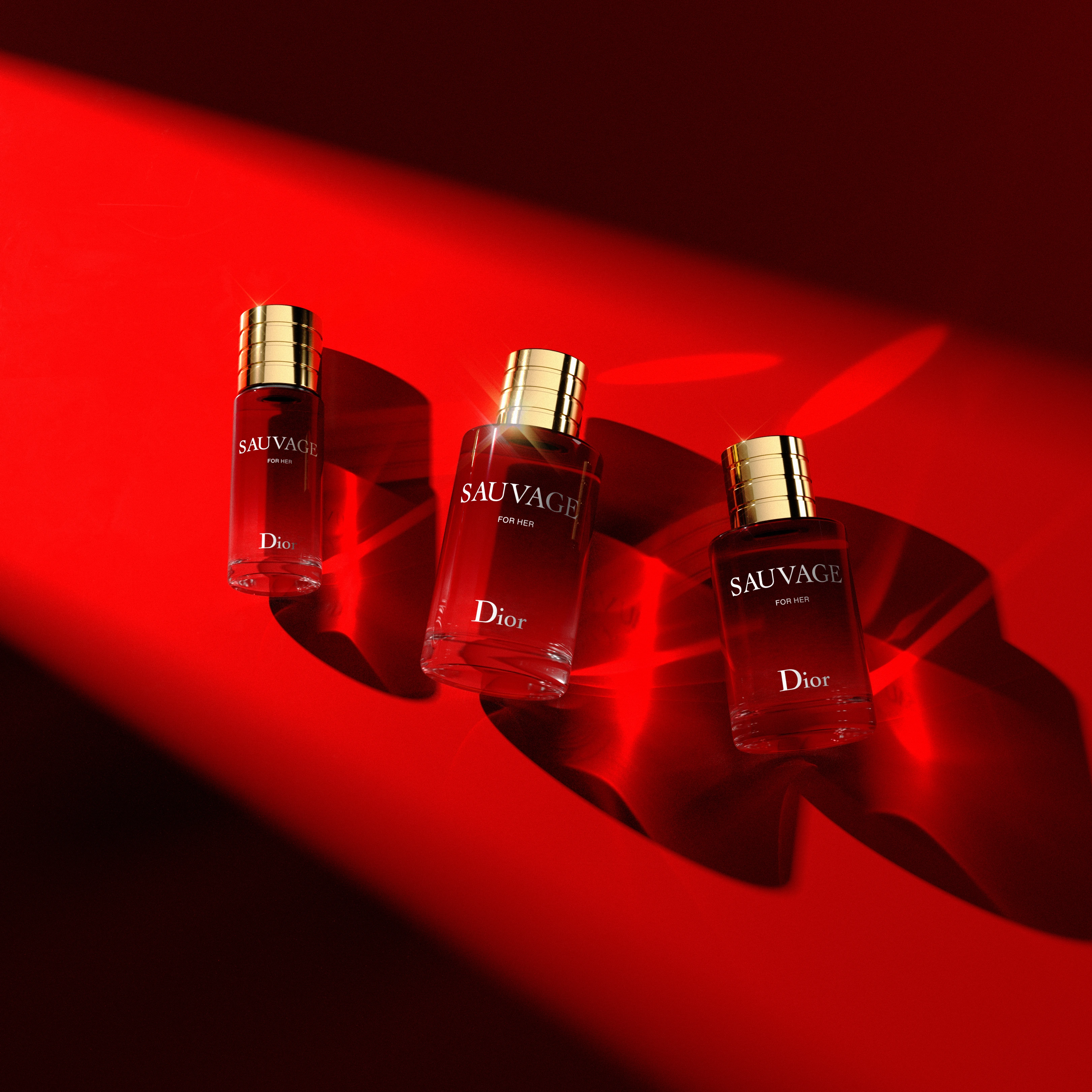 Dior Sauvage For Her perfume collection flat lay red — 3D render by Miquel Nadal