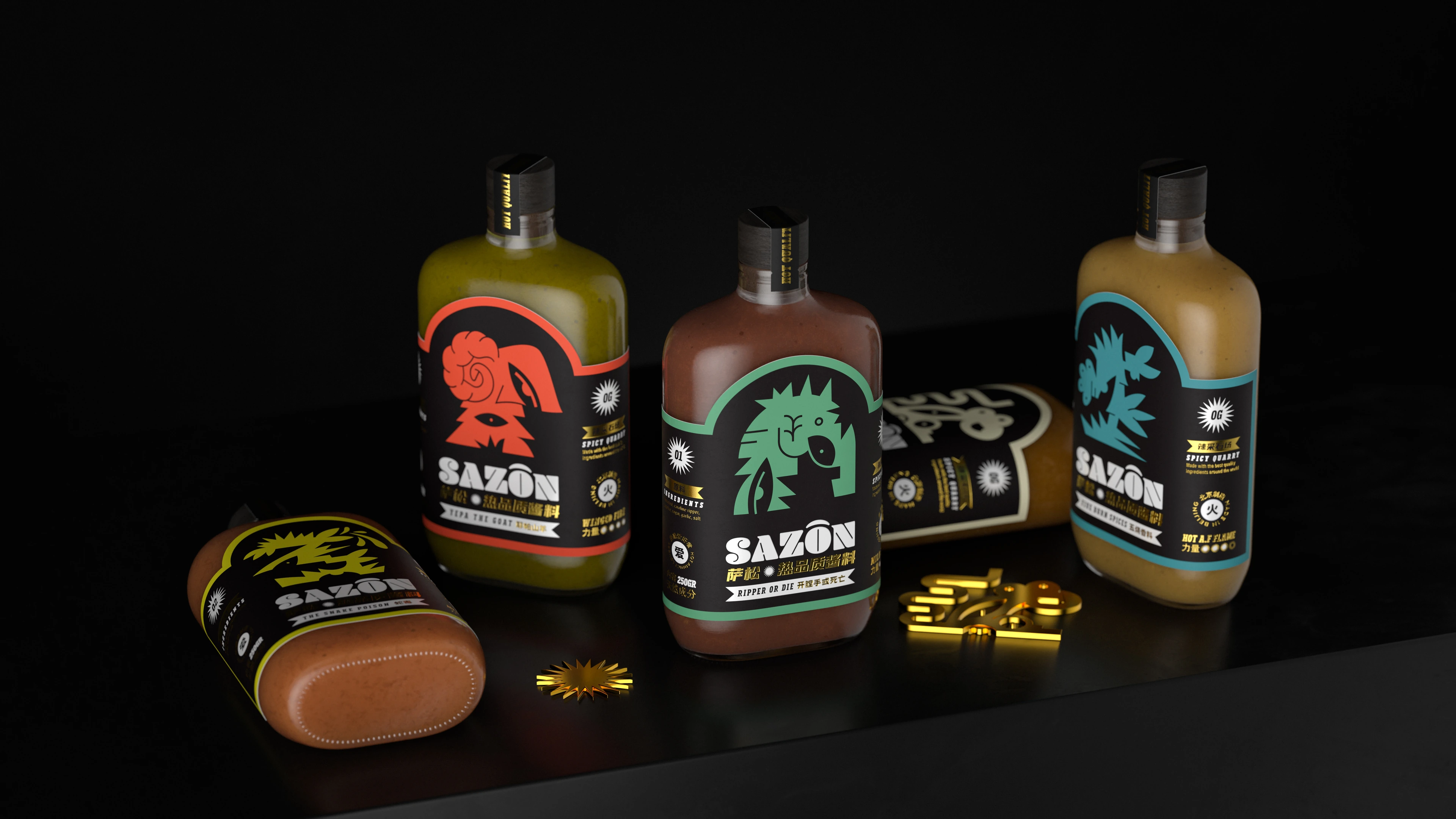 Sazon hot sauce complete collection hero shot — 3D render by Miquel Nadal