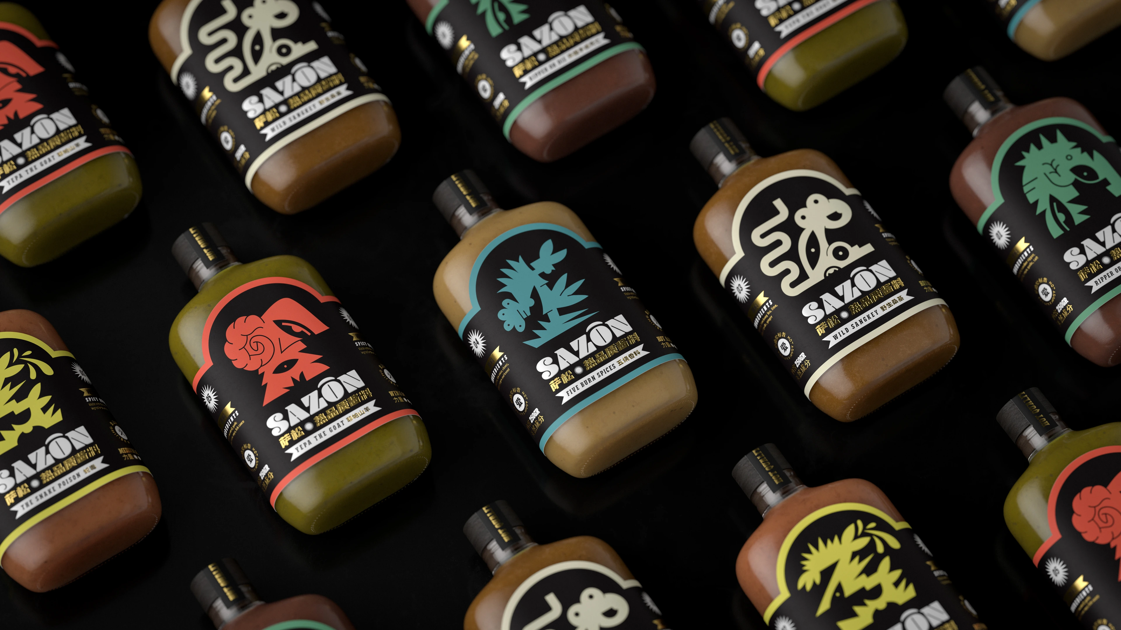 Sazon hot sauce overhead flat lay — 3D render by Miquel Nadal