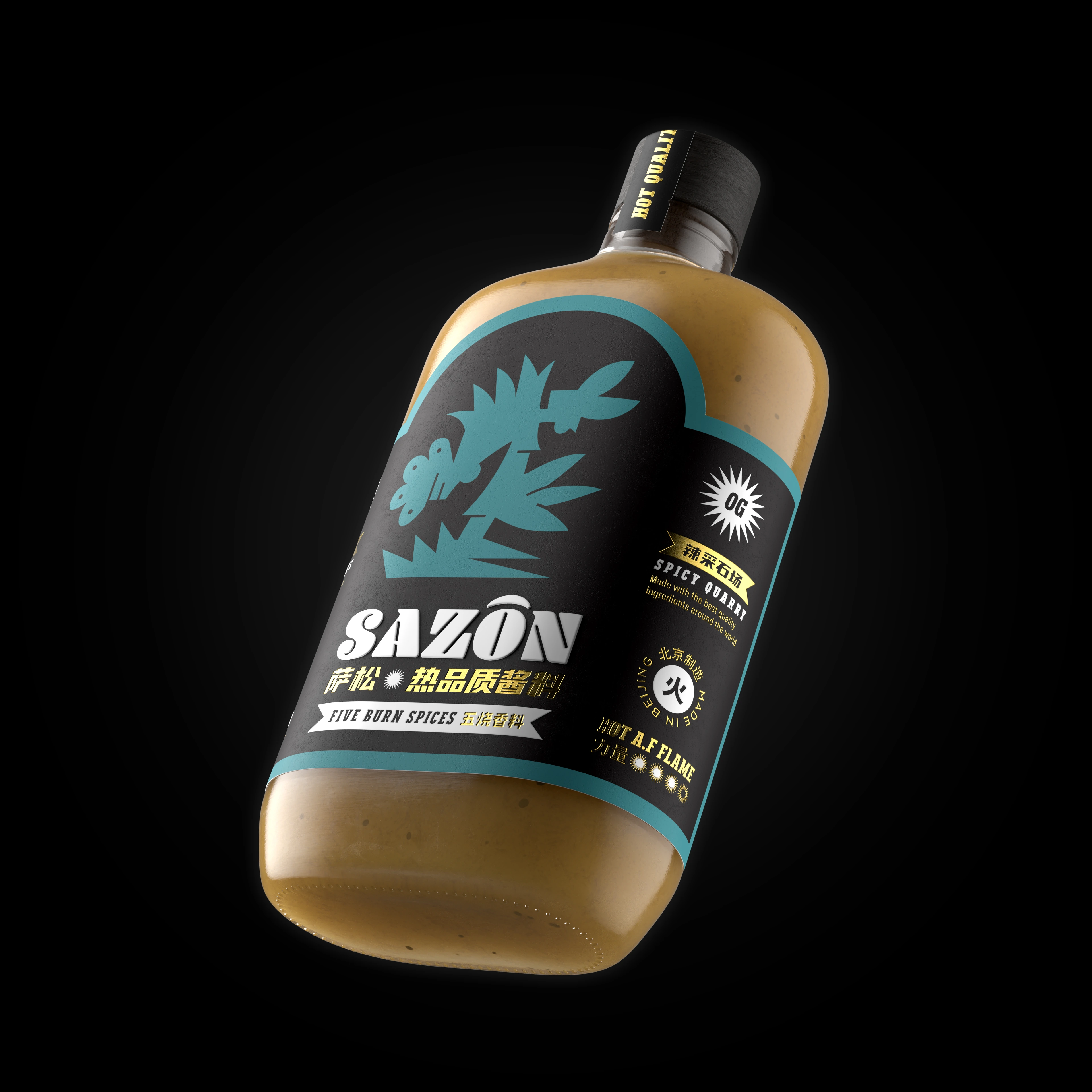 Sazon Original hot sauce three quarter view — 3D product render by Miquel Nadal