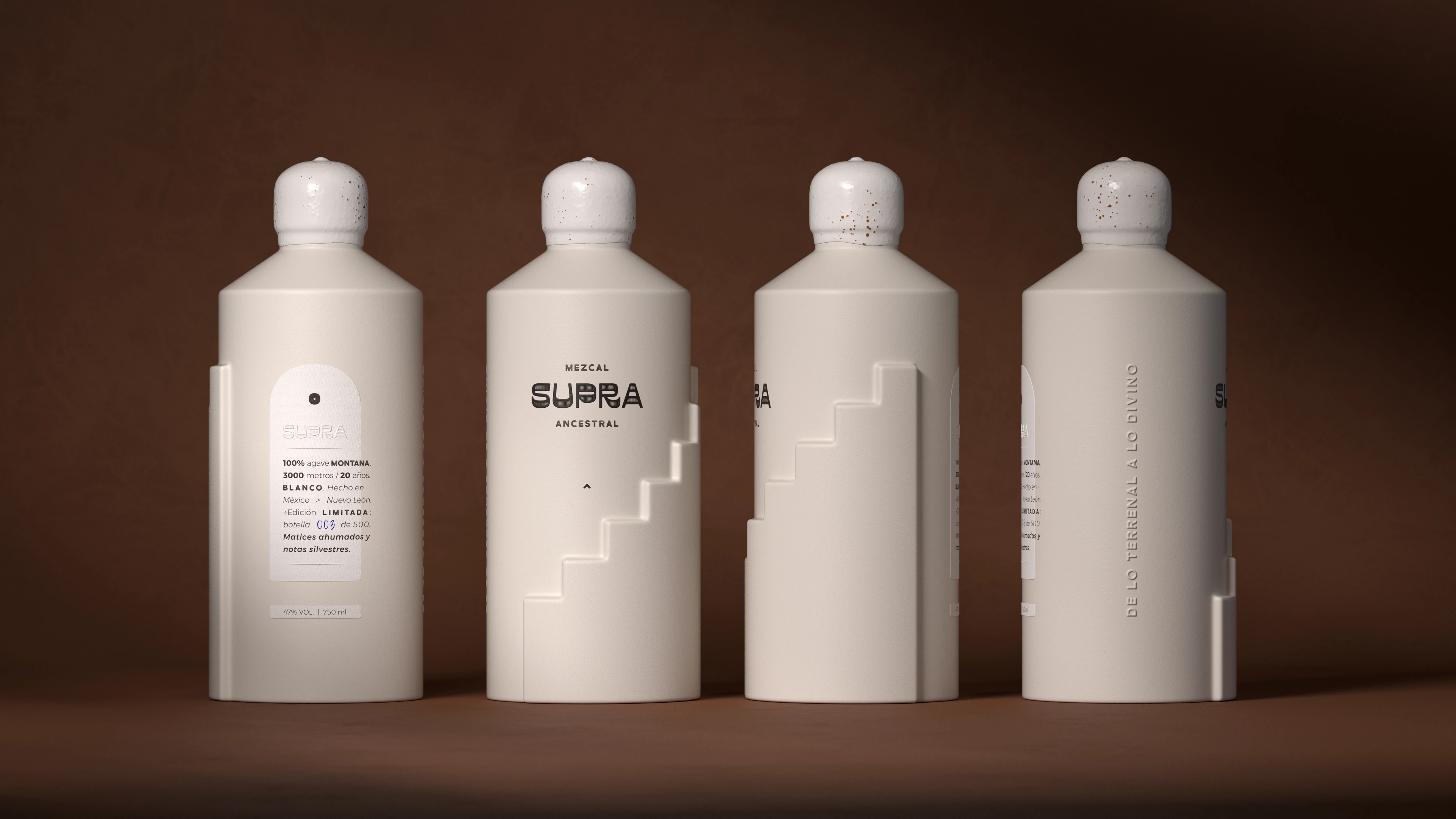 Supra Mezcal premium bottle complete collection — 3D render by Miquel Nadal