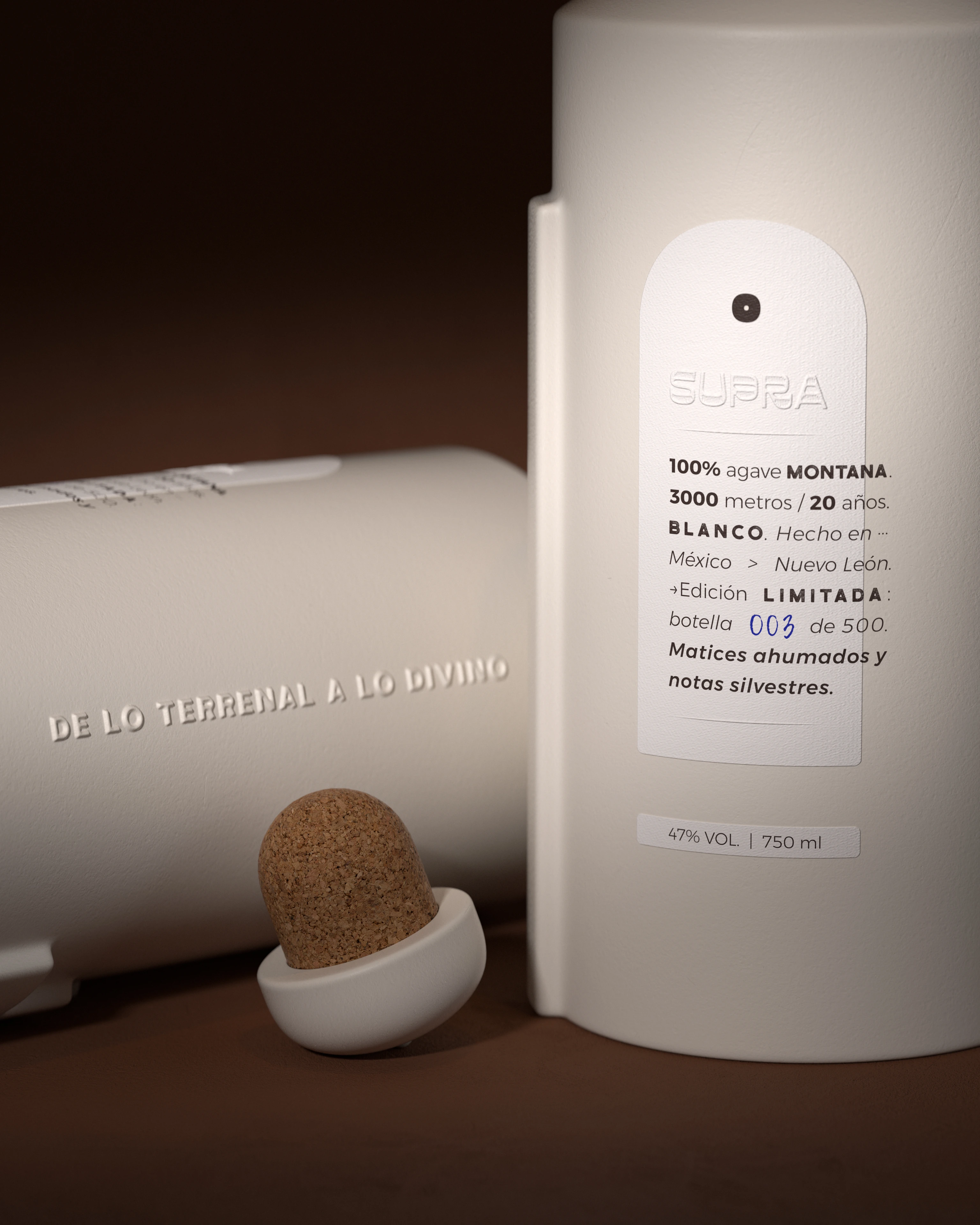 Supra Mezcal premium bottle label detail — 3D render by Miquel Nadal