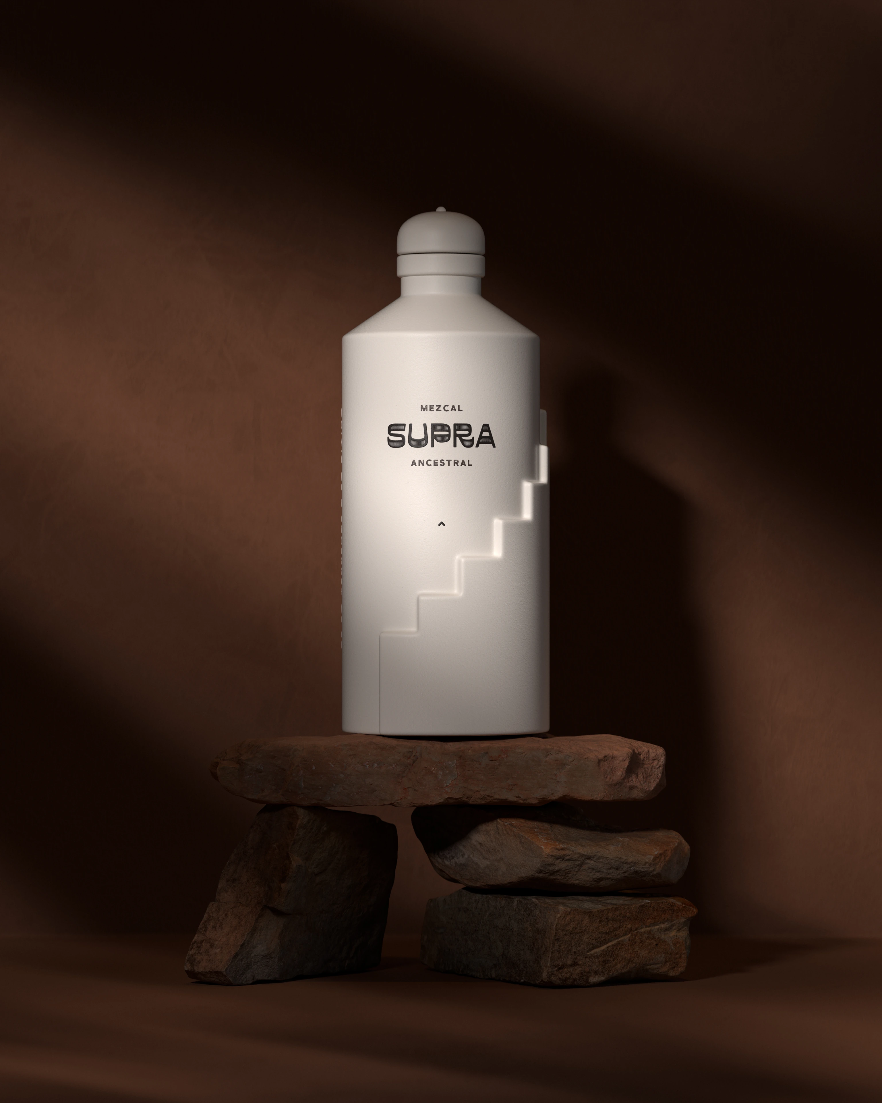 Supra Mezcal premium bottle product shot dark background — 3D render by Miquel Nadal