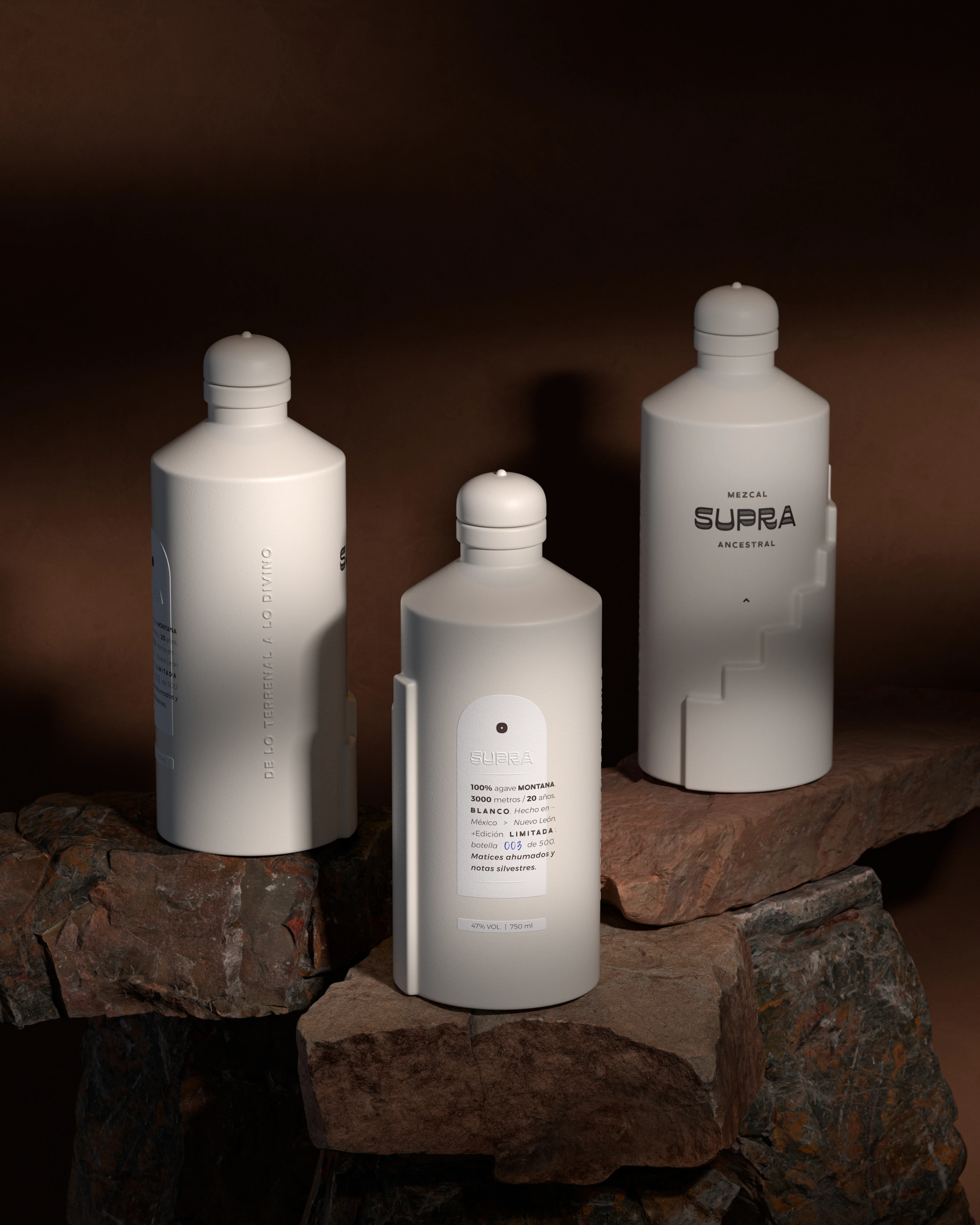 Supra Mezcal premium bottle product shot light background — 3D render by Miquel Nadal